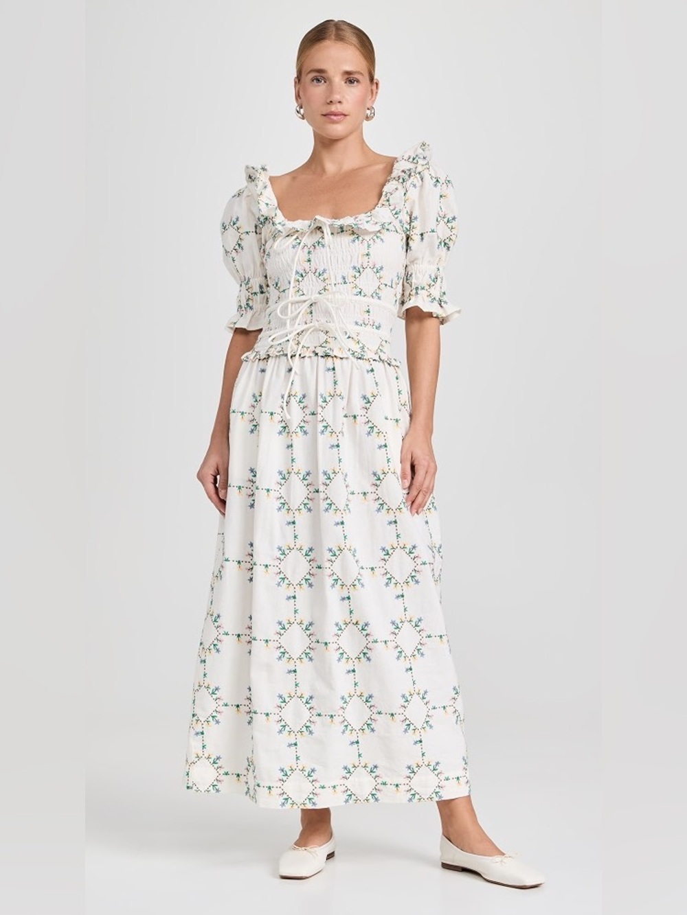 Damson Madder Heidi Embroidered Midi Dress UK 16 US 12 Floral Cottagecore Ruffle